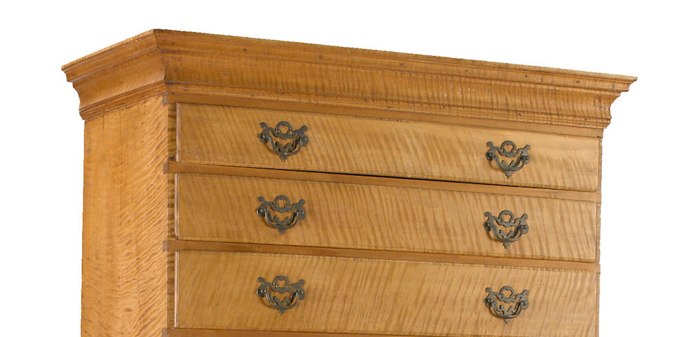 A Queen Anne tiger maple flat-top chest-on-chest<BR />New Hampshire, mid-18th century