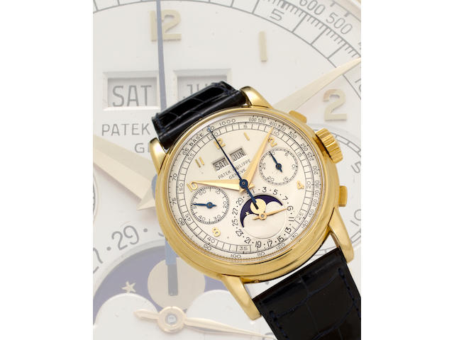 Patek Philippe. A rare and very fine 18K gold chronograph wristwatch with registers, perpetual calendar and moon phasesRef:2499, Case no. 691621, Movement No. 868353, circa 1955