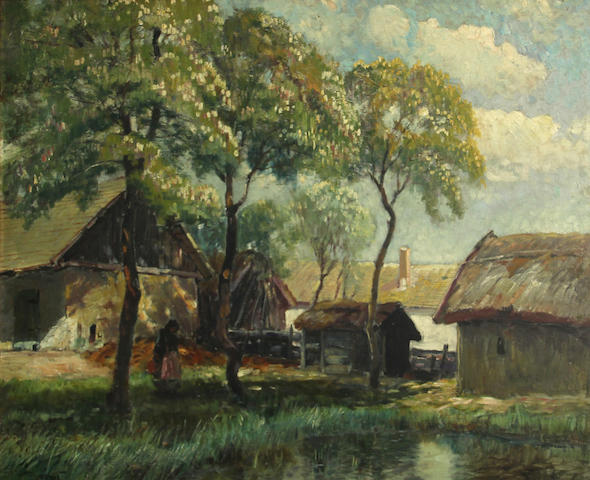 Ignac Ujvary (Hungarian, 1880-1927) Farm buildings with a figure by a pond 22 1/2 x 27 1/2in