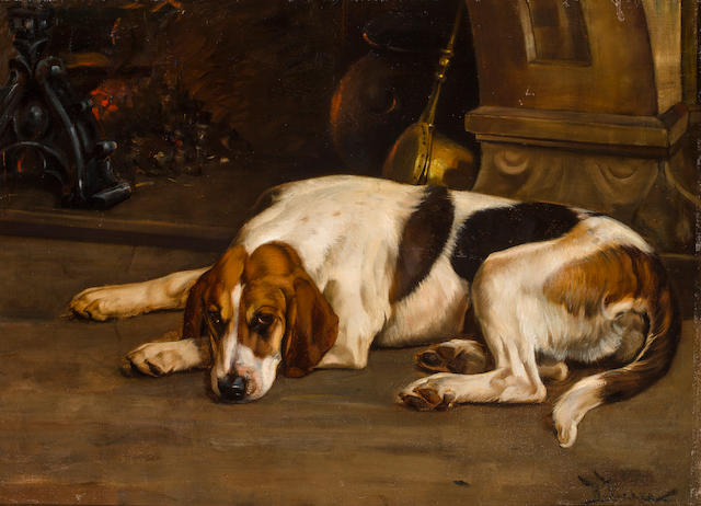 Wright Barker (British, 1863-1941) Foxhound by the hearth 23 3/4 x 32 1/4 in. (60.4 x 81.9 cm.)