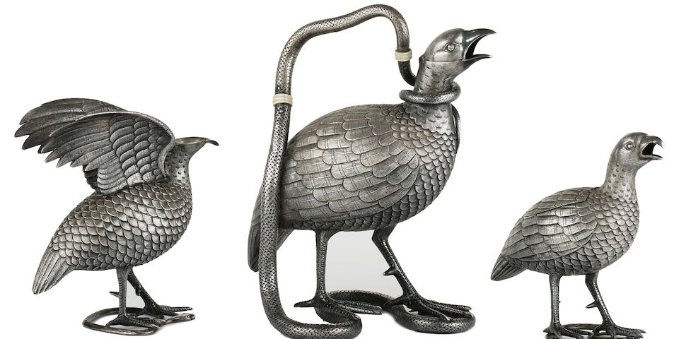 A silver three-peice tea service in the form of three francolins by Oomersee Mawjee, Bhuj, circa 1870