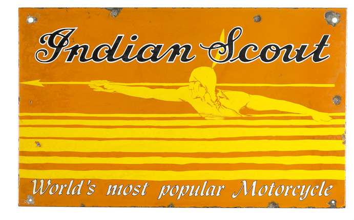 An Indian Scout 'World's Most Popular Motorcycle' double-sided enamel sign, image 1