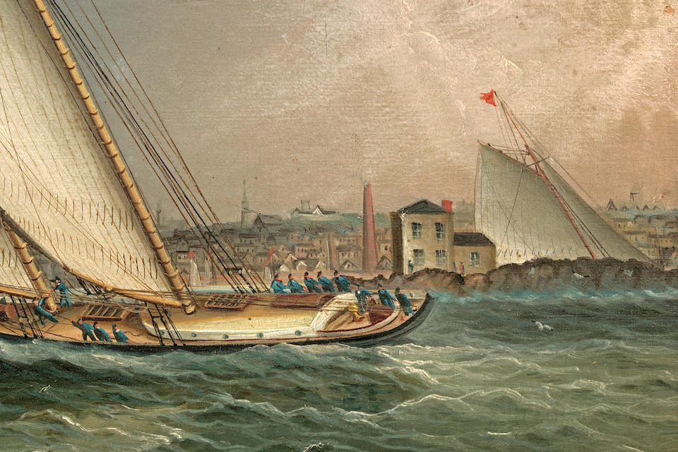 James Edward Buttersworth (British/American, 1817-1894) Yachts returning from the race course depicting the yacht Psyche leading the fleet past the breakwater in Newport, RI. 12-1/4 x 18 in. (31.1 x 45.7 cm.)