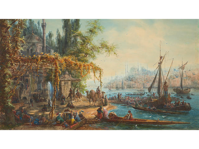 Auguste-Etienne-Francois Mayer (French, 1805-1880) A view of Constantinople with figures and boats in the foreground sight, 12 1/2 x 19 1/2in (31.8 x 49.5cm)