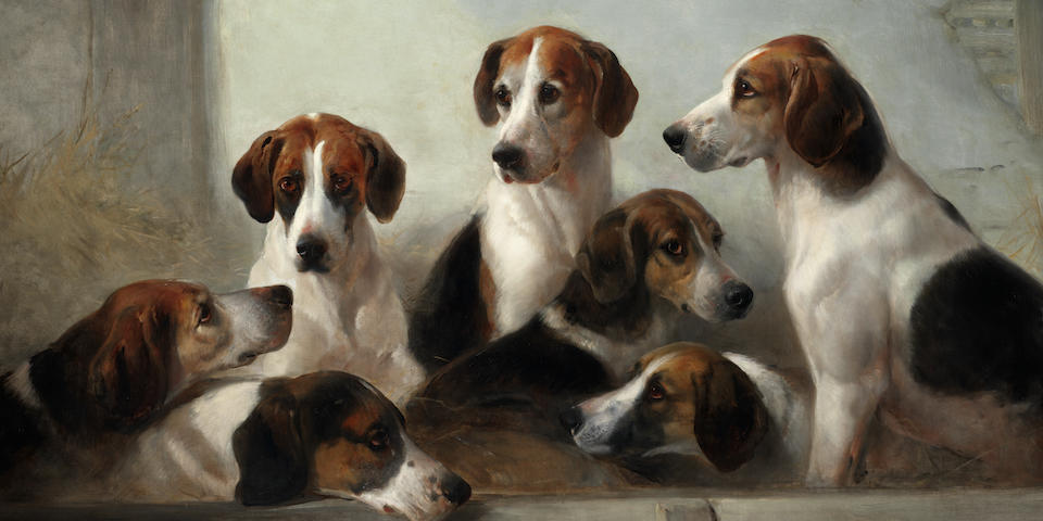 Edward Robert Smythe (British, 1810-1899) Favorite hounds, the property E. Walter Greene Esq, Master of the Suffolk hounds  35 x 52 in. (89 x 132 cm.)