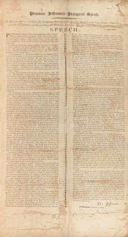 JEFFERSON, THOMAS. 1743-1826. President Jefferson's Inaugural Speech. [Boston]: True & Parks, 1805.
