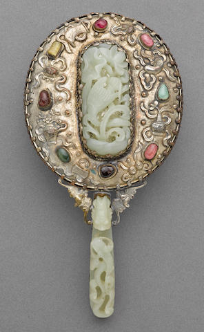 A jade and hardstone mounted silverplated copper hand mirror Circa 1900