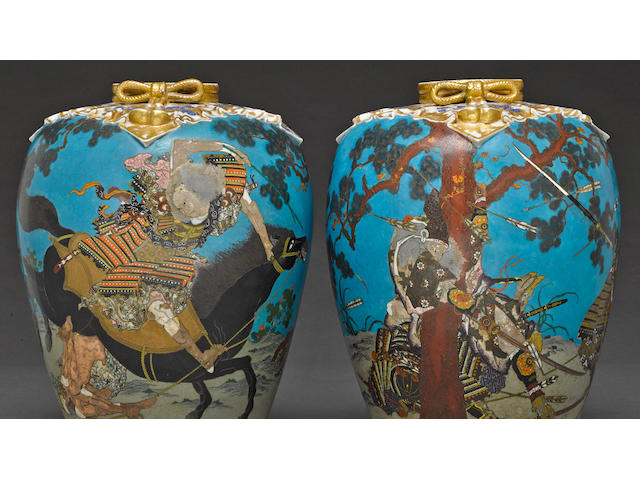 A large and unusual pair of totai cloisonn&#233; vases