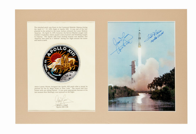 LOVELL'S FLOWN APOLLO 13 EMBLEM. INTENDED TO BE TAKEN TO THE LUNAR SURFACE.  Flown cloth crew mission emblem carried on the flight by Commander James Lovell. image 1