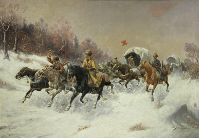 Attributed to Adolf Constantin Baumgartner-Stoiloff (German/Austrian, 1850-1924) Cossacks 27 3/4 x 39 1/2in