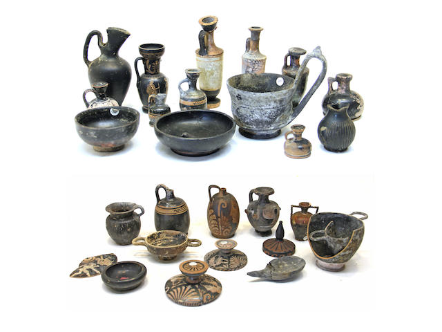 A group of approximately thirty-three pieces of Classical pottery and various shards circa 5th-3rd century B.C. and later