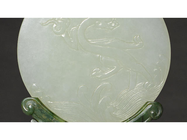 A white and spinach jade plaque and stand Late Qing/Republic period