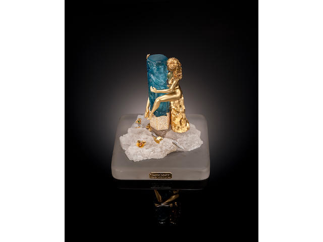 Carved Gem Aquamarine, Diamond, Platinum and Gold Sculpture&#8212;" Lost Love"