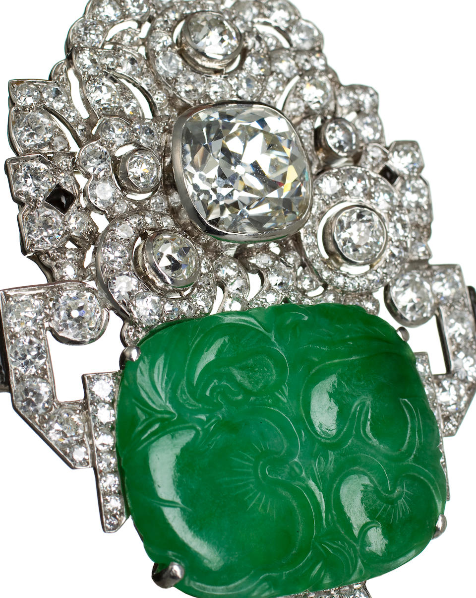 An art deco jadeite jade and diamond brooch, Mauboussin,