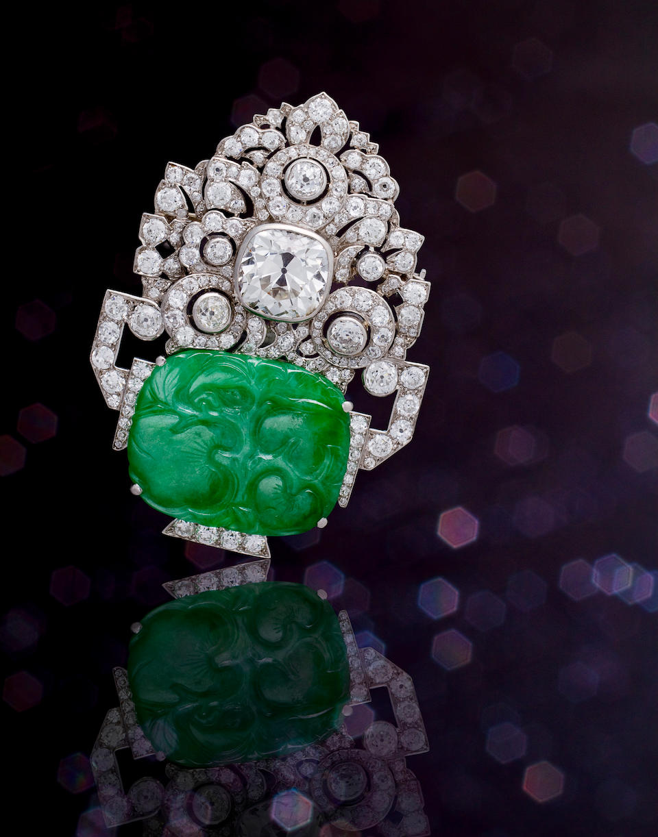 An art deco jadeite jade and diamond brooch, Mauboussin,