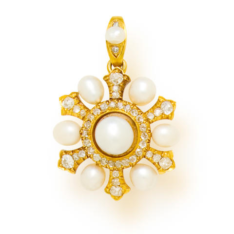 An antique natural pearl and diamond pendant,