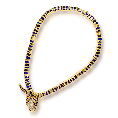 An antique enamel and diamond necklace,
