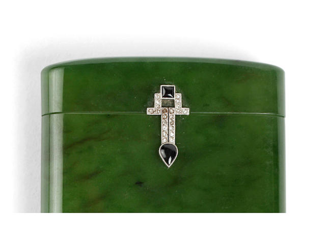 A French Art Deco nephrite shallow rectangular case with platinum, diamond and onyx mounts circa 1930