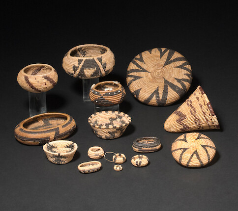 Pomo Designs Bonhams : A collection of Pomo miniature baskets