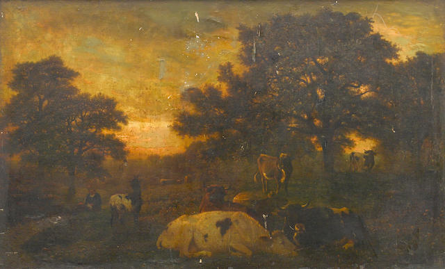 Attributed to Guillaume (Wilhelm) Wintz (French, 1823-1899) Cattle resting in a meadow at evening 73 1/2 x 45 3/4in