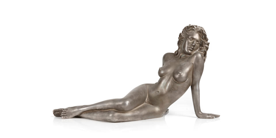 An American fine silver sculpture of a seated nude: Serenity by Ramon Parmenter, Eugene, OR, 20th century