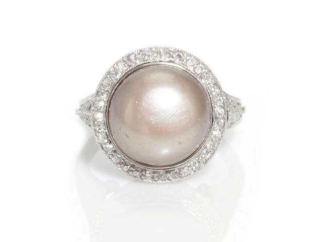 A colored cultured pearl and diamond ring, Tiffany & Co.