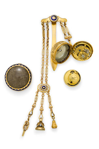 Geo. Tyler, London. A gold quarter repeating verge watch with later enameled gilt metal outer case and chatelaineThe movement and inner case first quarter 18th century, the outer case and chatelaine last quarter 18th century