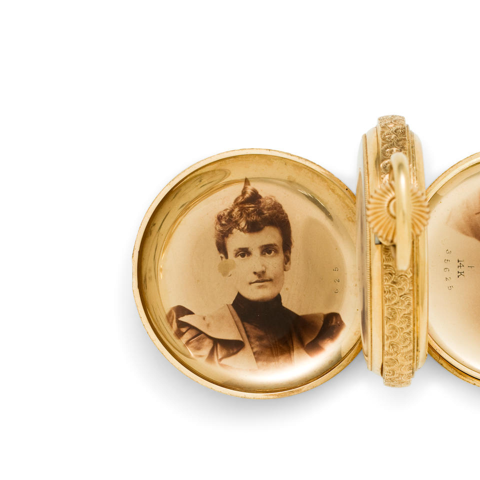 E. Howard & Co., Boston. A very fine 14K multi colored gold diamond set box hinge hunter cased watch enhanced with photographic portraitsSeries VII, No. 229042, case by Keller & Untermeyer and marked E. H & Co., circa 1893