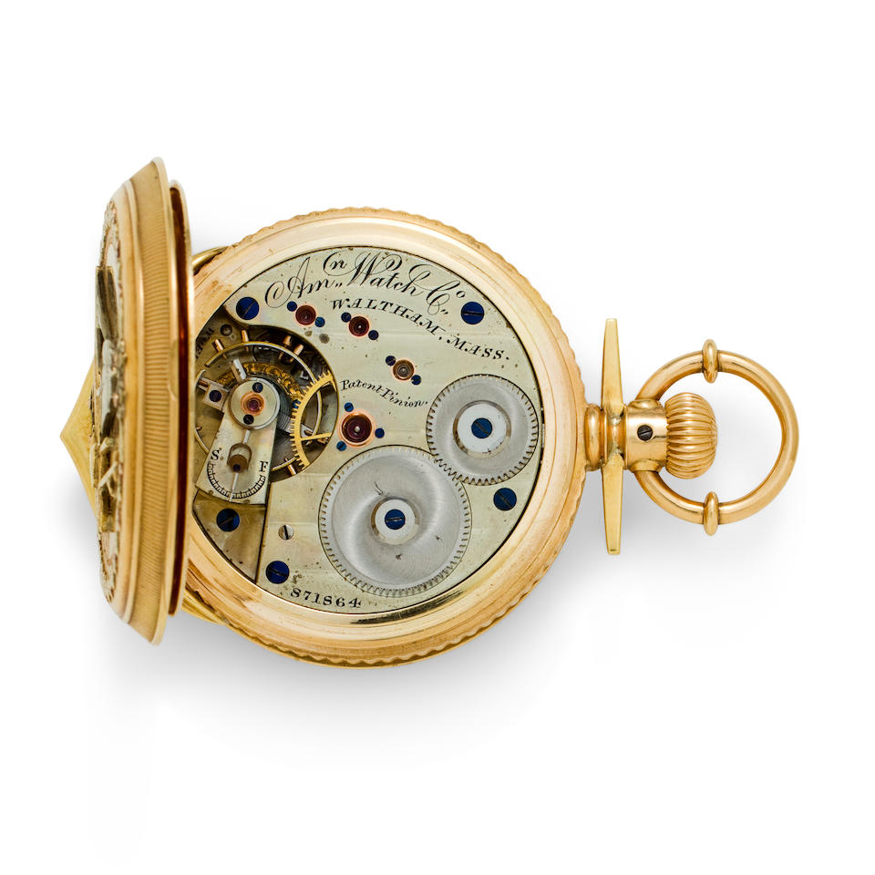 Waltham. A very fine and rare 18K multi color gold hunter case presentation watchSigned Am'n Watch Co., Movement No. 871864, the case by American Watch Case, Co., inscribed 1877