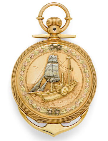 Waltham. A very fine and rare 18K multi color gold hunter case presentation watchSigned Am'n Watch Co., Movement No. 871864, the case by American Watch Case, Co., inscribed 1877