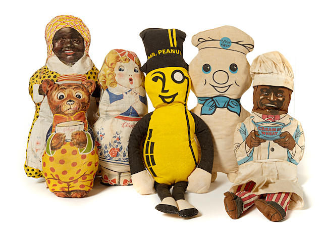 A collection of six cloth advertising dolls