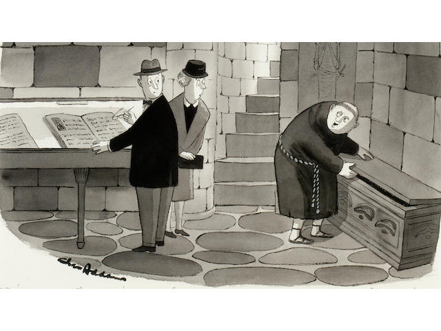 ADDAMS, CHARLES. 1912-1988. Original ink and wash cartoon, signed ("Chas Addams") lower left, and captioned