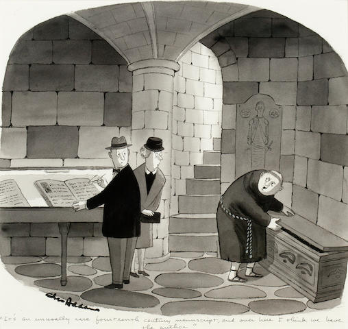 ADDAMS, CHARLES. 1912-1988. Original ink and wash cartoon, signed ("Chas Addams") lower left, and captioned