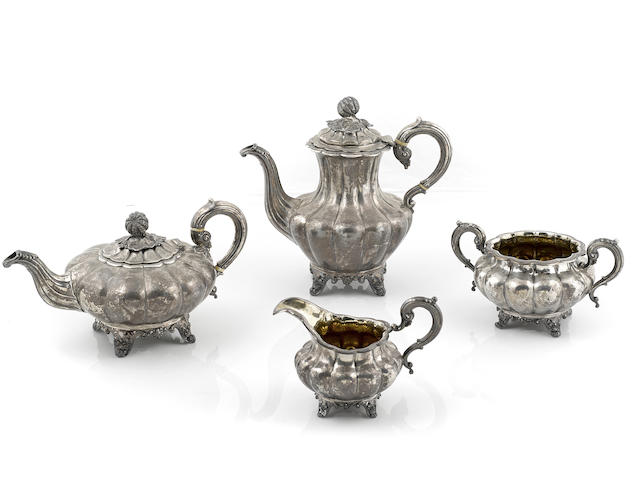 A William IV / Victorian sterling silver four piece gourd-form tea and coffee service by Albert and Joseph Savory II, London 1837-1839