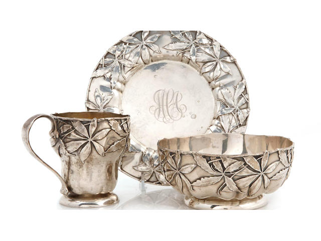 An American sterling silver Art Nouveau foliate-decorated three-piece place setting by Gorham Mfg. Co., Providence, RI, 1899