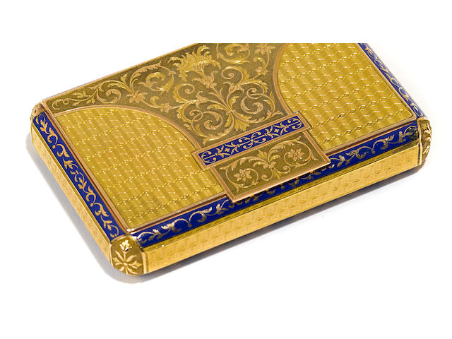 A Swiss rectangular parcel-blue-enameled gold box by Joly & Chenevard, early 19th century, with French occupation marks