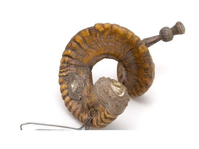 A Scottish silver and stone-mounted ram's horn table snuff mull C H Farquharson, Edinburgh, third quarter 19th century