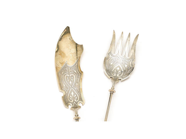 An American silver gilt two-piece figural fish serving set by George B. Sharp, Philadelphia, PA; retailed by Ford & Tupper, circa 1875