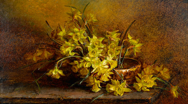 Mary Herrick Ross (American, 1856-1935) Daffodils in an Indian basket, 1893 18 x 32in