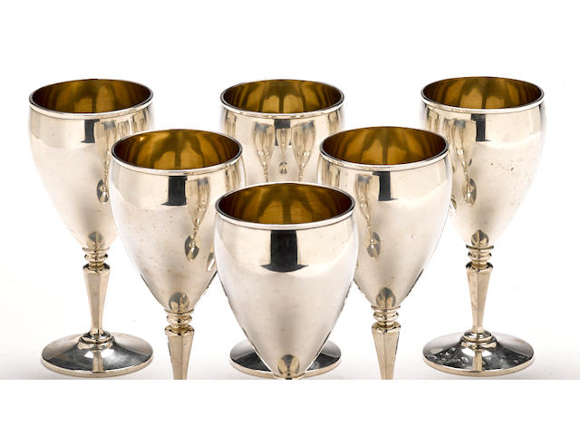 A set of six American sterling silver wine goblets by R. Wallace & Sons Mfg. Co., Wallingford, CT, 20th century
