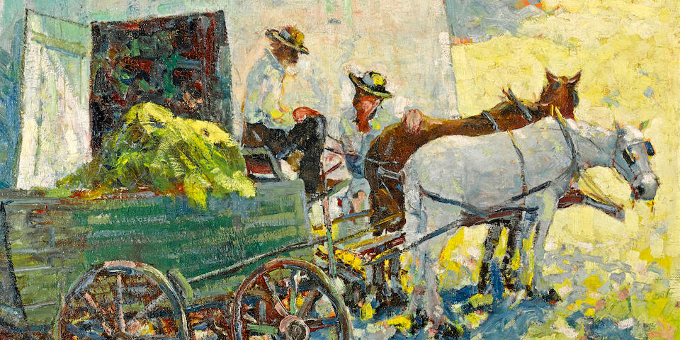 Selden Connor Gile (American, 1877-1947) Wagon team and barn 24 1/4 x 30 3/4in