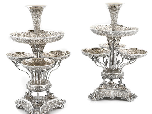 A pair of Chinese Export silver figural centerpieces by Wang Hing, Hong Kong, late 19th / early 20th century