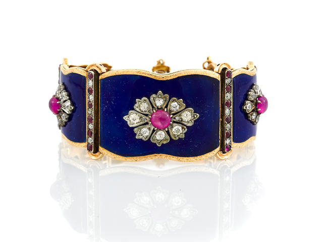 An antique ruby, diamond and enamel bracelet,