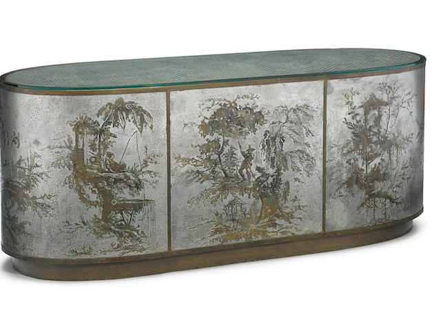 A Philip and Kelvin Laverne enameled and patinated bronze and pewter oval console third quarter 20th century