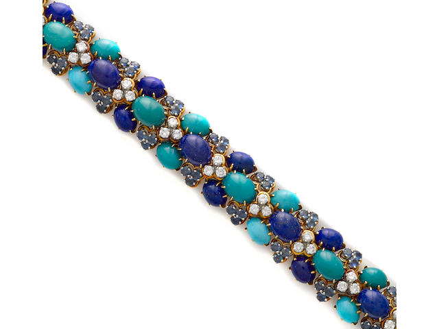 A turquoise, lapis lazuli, sapphire and diamond bracelet