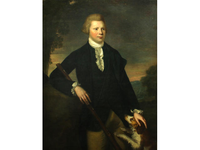 British School, 18th Century A portrait of a young gentleman, three-quarter length, holding a gun, his dog by his side, in a landscape 48 x 36 1/2in