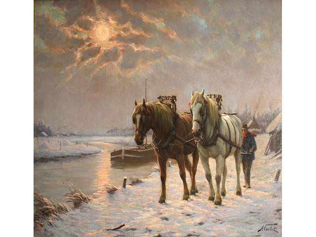 Albert Caullet (Belgian, 1875-1950) Winter landscape with horses 31 1/2 x 39 1/2in