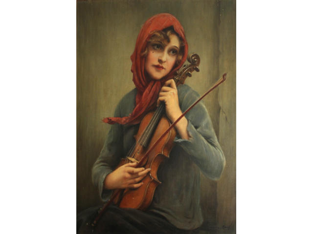 Fran&#231;ois Martin-Kavel (French, 1861-1931) A young girl with a violin 32 1/4 x 23 1/2in