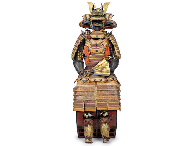 An orange and purple-laced haramaki armor with an impressive kabuto The helmet by Masanobu, all Edo period (18th century)