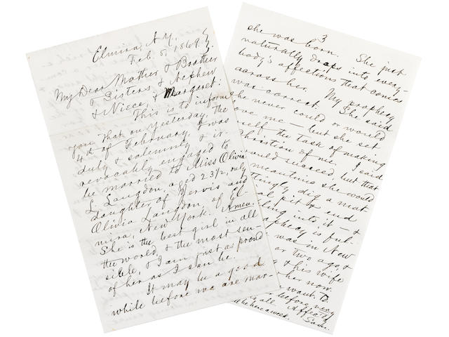 CLEMENS, SAMUEL LANGHORNE. 1835-1910. Autograph Letter Signed ("Sam."), 3 pp recto and verso, 8vo, Elmira, NY, February 5, 1869,